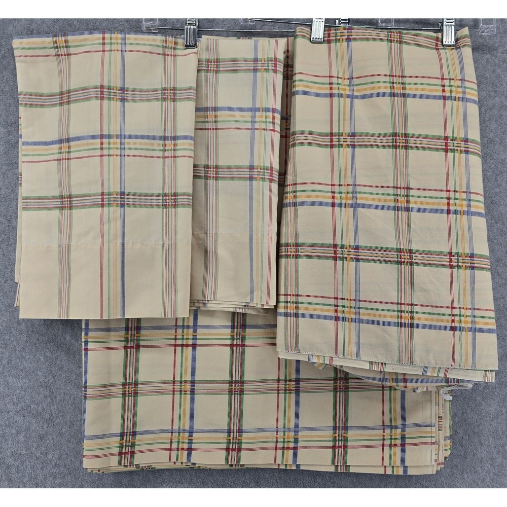 Vtg Burlington Plaid Print Full Double Sheet Set 4 Piece Multicolor EUC Sewing